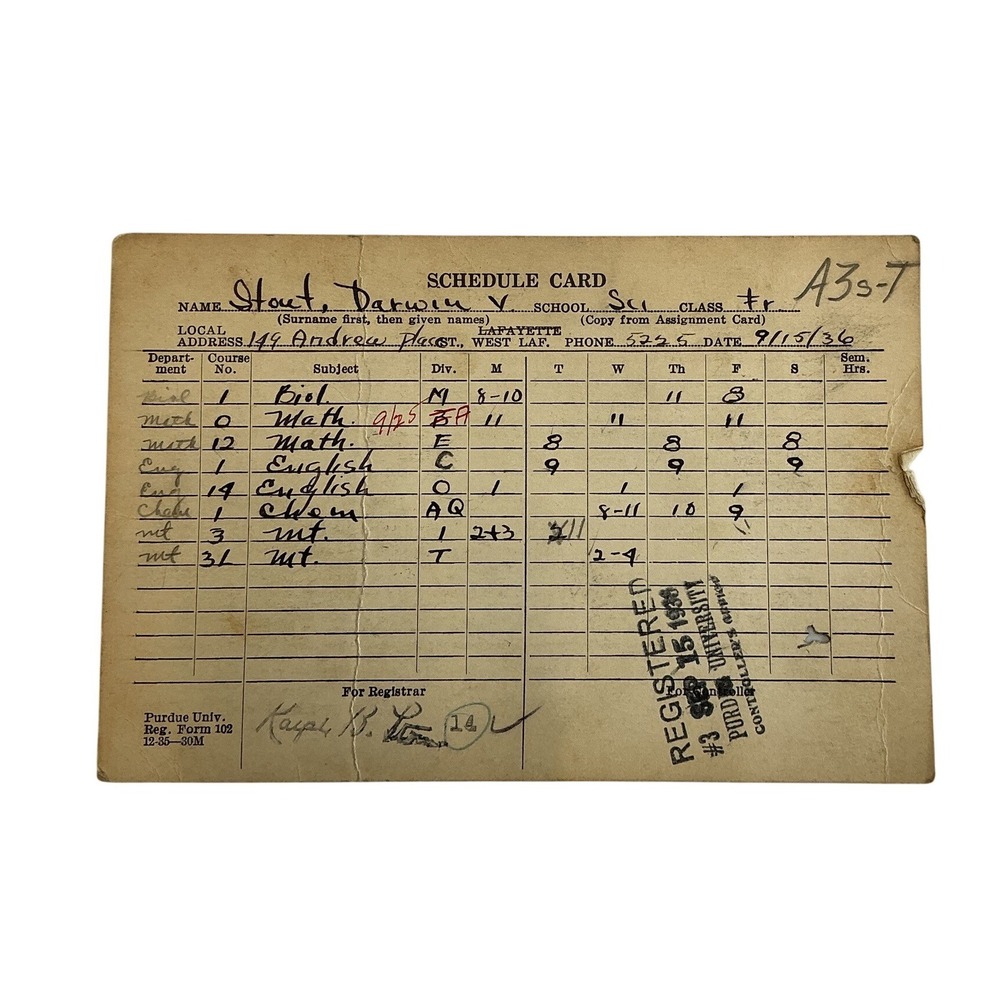 Vintage 1936 Purdue University Student Schedule Card Darwin‎ Stout Ephemera